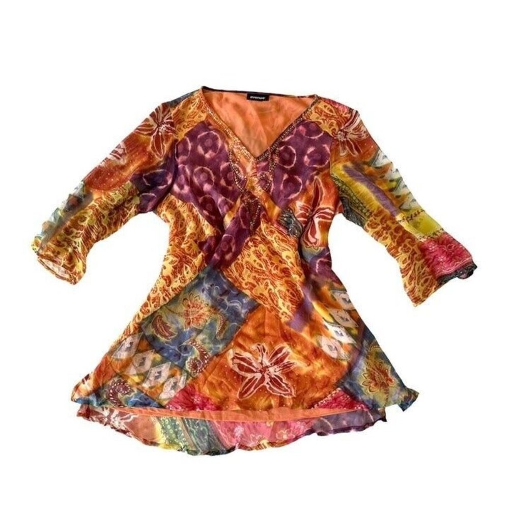 Avenue Multicolor vintage 3/4 sleeve patchwork silk tunic sequin and glitter